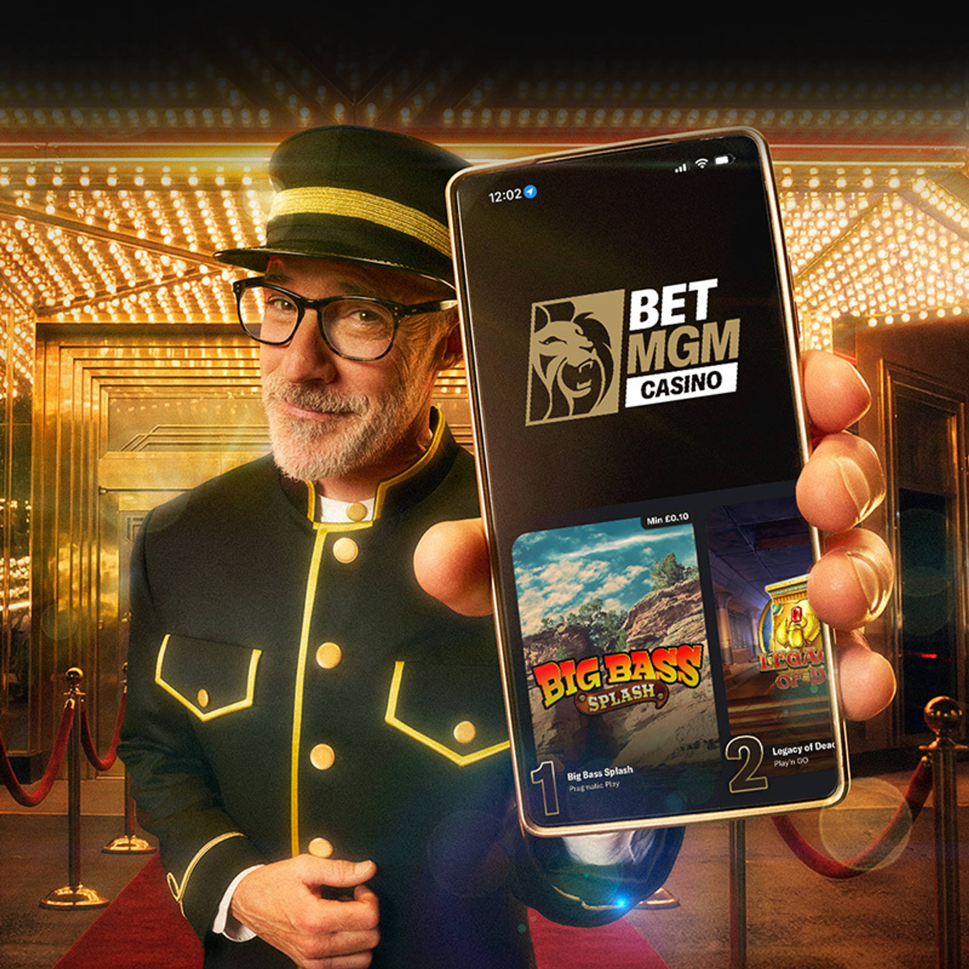 Mobile phone displaying online casino games, with a Global Gaming Awards 2025 winner badge.